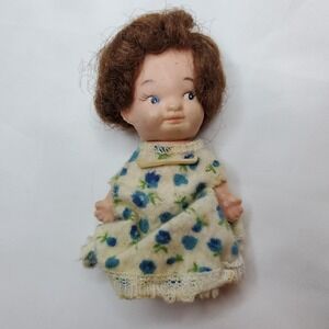 Vintage Uneeda Pee Wee Dark Brown-Haired Girl 3.5" 60s‎ Blue Eyes Floral Dress